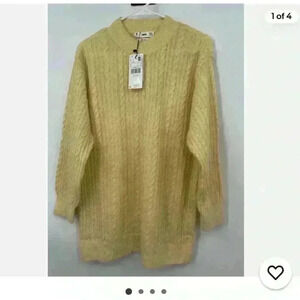 Mango Pale Yellow Cable Knit Crewneck Sweater